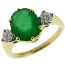 18ct Gold Oval Emerald and Diamond Traditional Trilogy Ring.