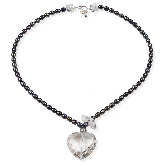 Black pearl and rock crystal heart drop necklace - Click Image to Close