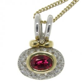 Chic Oval Ruby and Pave Diamond Cluster Pendant and Chain.