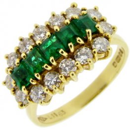 Yellow Gold Square Emerald and Diamond Fancy Cluster Ring. 18ct.