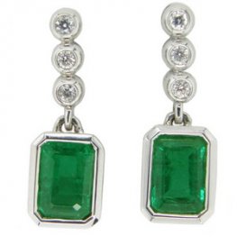 Rectangular Cut Emerald & Brilliant Cut Diamond Drop Earrings.