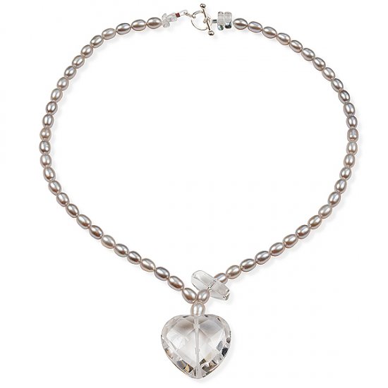 Grey freshwater pearl and faceted quartz heart necklace - Click Image to Close