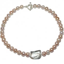 Fresh Water Pearl necklace Pink Pearls, large clear Rock Crystal