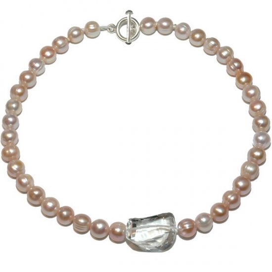 Fresh Water Pearl necklace Pink Pearls, large clear Rock Crystal - Click Image to Close