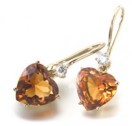 A pair of 18k Yellow Gold Heart Citrine & Diamond Earrings. 750