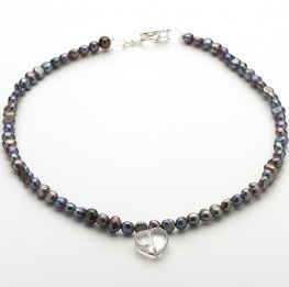 Grey black fresh water Pearl and Clear Quartz Necklace