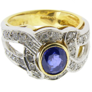 Fancy Sapphire and Diamond Single Stone Dress Ring. 18K - 750. - Click Image to Close