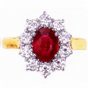 Classic ruby and diamond cluster ring. 18ct Gold. - Click Image to Close