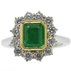 Classic Emerald Cut Emerald and Diamond Cluster Ring. 18ct Gold. - Click Image to Close