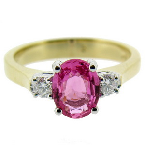 18kt Gold Oval Pink Sapphire & Diamond Three Stone Ring - Click Image to Close
