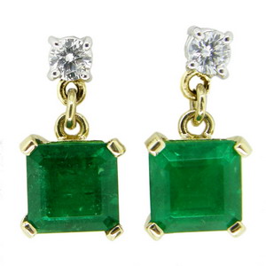 Square Emerald and Brilliant Cut Diamond Drop Earrings. 18K.