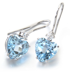 Enchanting Heart Shape Blue Topaz and Diamond Earrings. 18ct. - Click Image to Close