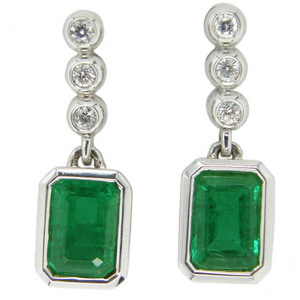 Rectangular Cut Emerald & Brilliant Cut Diamond Drop Earrings. - Click Image to Close