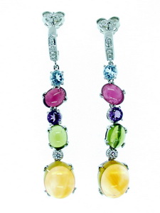 Pair of colourful Multi Gemstone and Diamond Earrings.18ct.