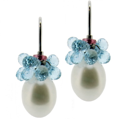 Briolette Blue Topaz and Pearl Drop Earrings - 18K - Click Image to Close