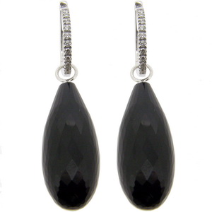 Onyx Briolette and Diamond Drop Earrings - 18k White Gold. - Click Image to Close