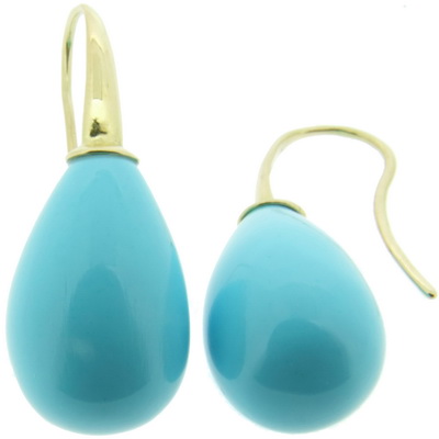 Turquoise and Yellow Gold Pendant Earrings - 18kt - Click Image to Close