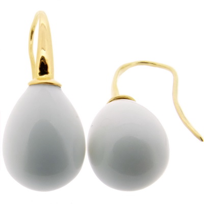 Yellow Gold & White Agate Pendant Earrings - 18kt - Click Image to Close