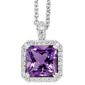 18K White Gold. Amethyst Pendant with Diamonds. - Click Image to Close