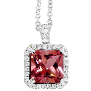 Pink Tourmaline & Diamond Pendant. (Square Cut) - White Gold - Click Image to Close