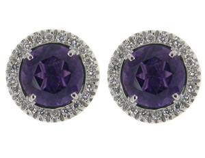 A pair of 18K Gold Amethyst Earrings set with diamonds - Click Image to Close