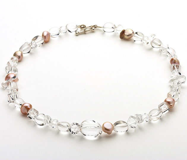 Pink Fresh water pearl and Clear Quartz Necklace - Click Image to Close