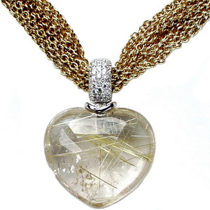 Designer Heart shape Rutilated Quartz and Diamond pendant 18ct - Click Image to Close