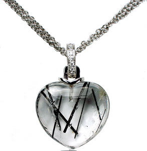 A Cabochon Heart shape Tourmalated Quartz and Diamond Pendant. - Click Image to Close