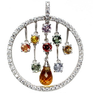 Amazing Diamond, Sapphire and Citrine Pendant - 18k Gold - Click Image to Close