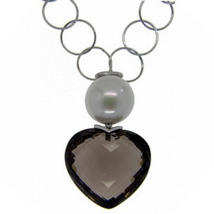 Pearl and Smokey Quartz Heart Shape Pendant - 18k White Gold - Click Image to Close