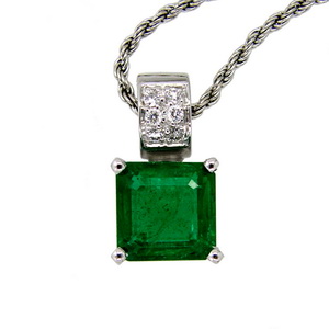 Square Emerald and Pave Diamond Pendant. 18ct White Gold.