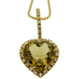 Yellow Gold Heart Shape Citrine Pendant with Diamonds.