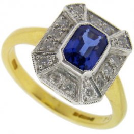 Art Deco Style Sapphire and Diamond Cluster Ring 18KT