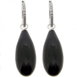 Onyx Briolette and Diamond Drop Earrings - 18k White Gold.