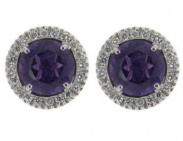 A pair of 18K Gold Amethyst Earrings set with diamonds