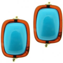 Pair of Amber and Turquoise Earrings - 18ct Yellow Gold.