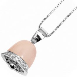 18K White Gold Pink Opal and Brilliant Cut Diamond bell pendant