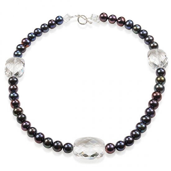Black pearl and faceted rock crystal necklace - Click Image to Close