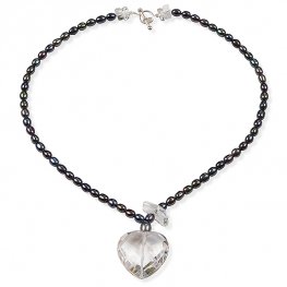 Black pearl and rock crystal heart drop necklace