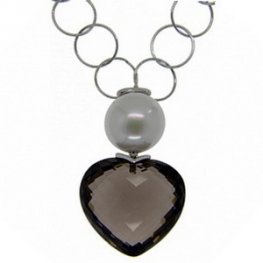 Pearl and Smokey Quartz Heart Shape Pendant - 18k White Gold