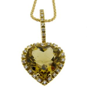 Yellow Gold Heart Shape Citrine Pendant with Diamonds. - Click Image to Close