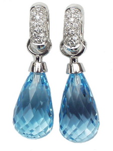 18K White Gold Briolette Blue Topaz and Diamond Drop Earrings